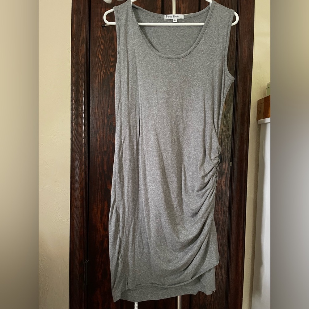 Gray Ruched Sweatshirt Dress, Petal Asymmetric Hem